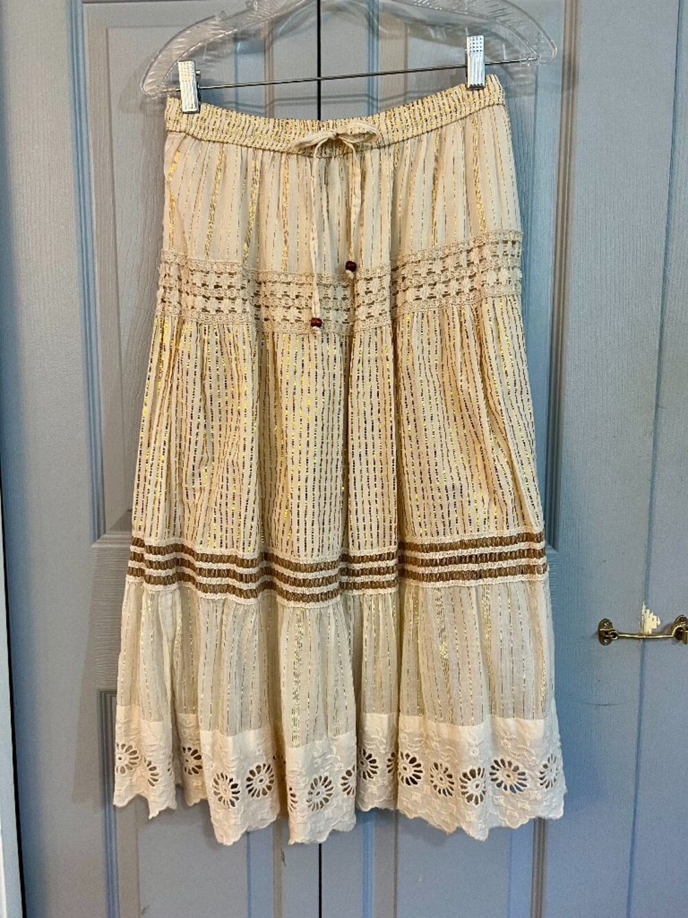Bohemian Tiered Maxi Skirt • Creme Gold Thread by Nation AK Outfitters